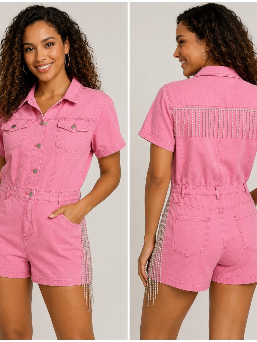 Blue B. NWT Pink Denim Rhinestone Fringe Romper Large